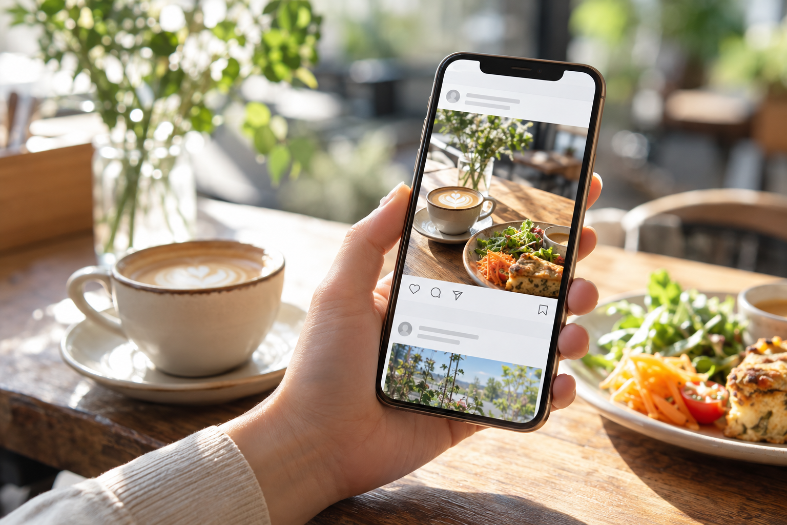 スマートフォンでお店のSNS投稿を確認する活用イメージ