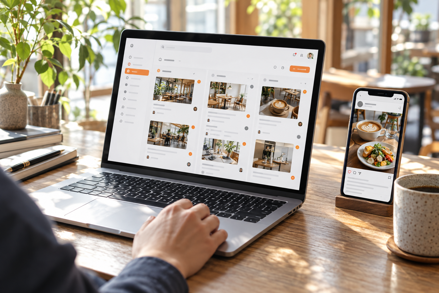 パソコンで制作を進め、スマートフォンでお店の発信を行う活用イメージ